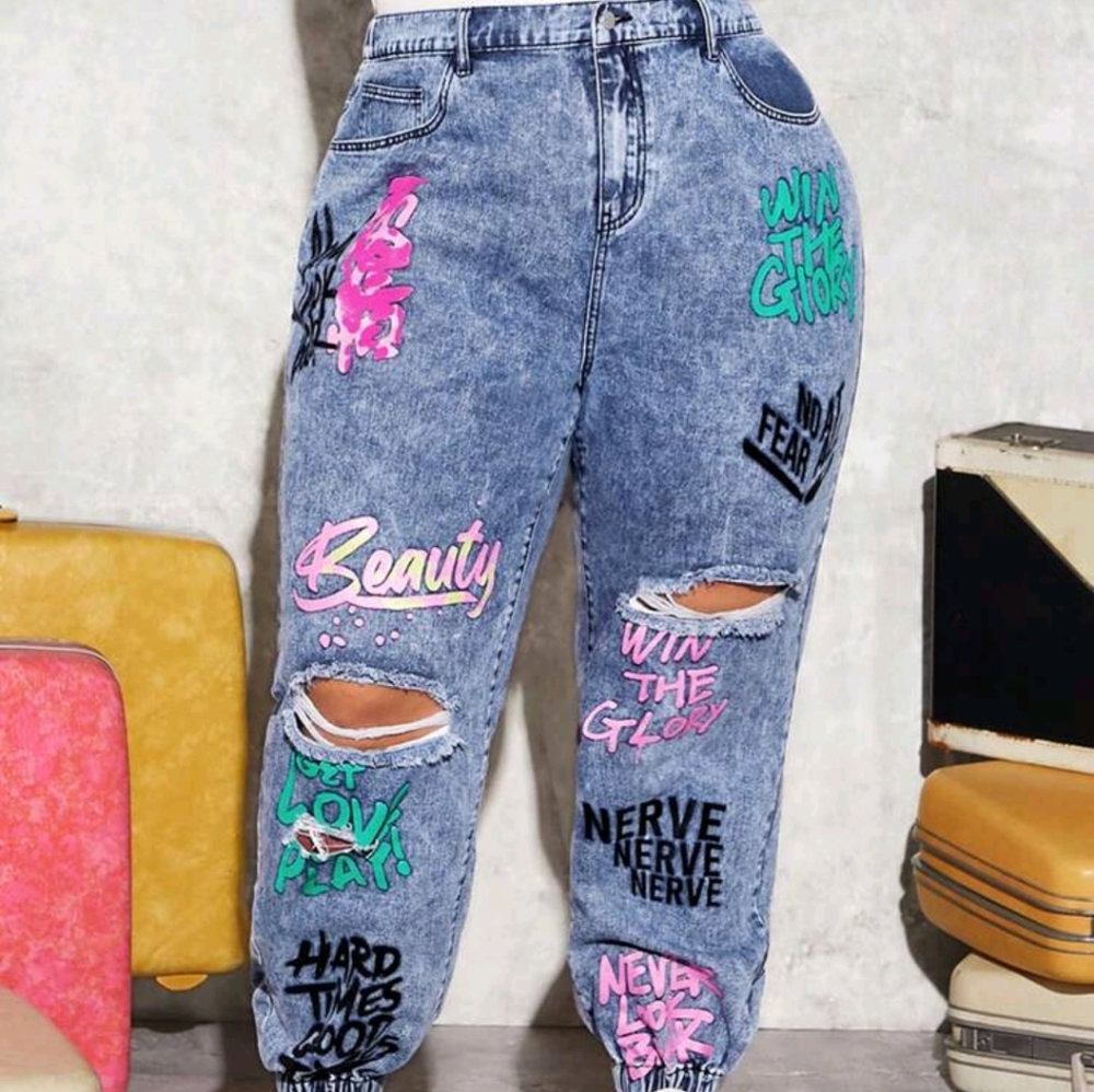 Letter Graphic Ripped Jogger Jeans
